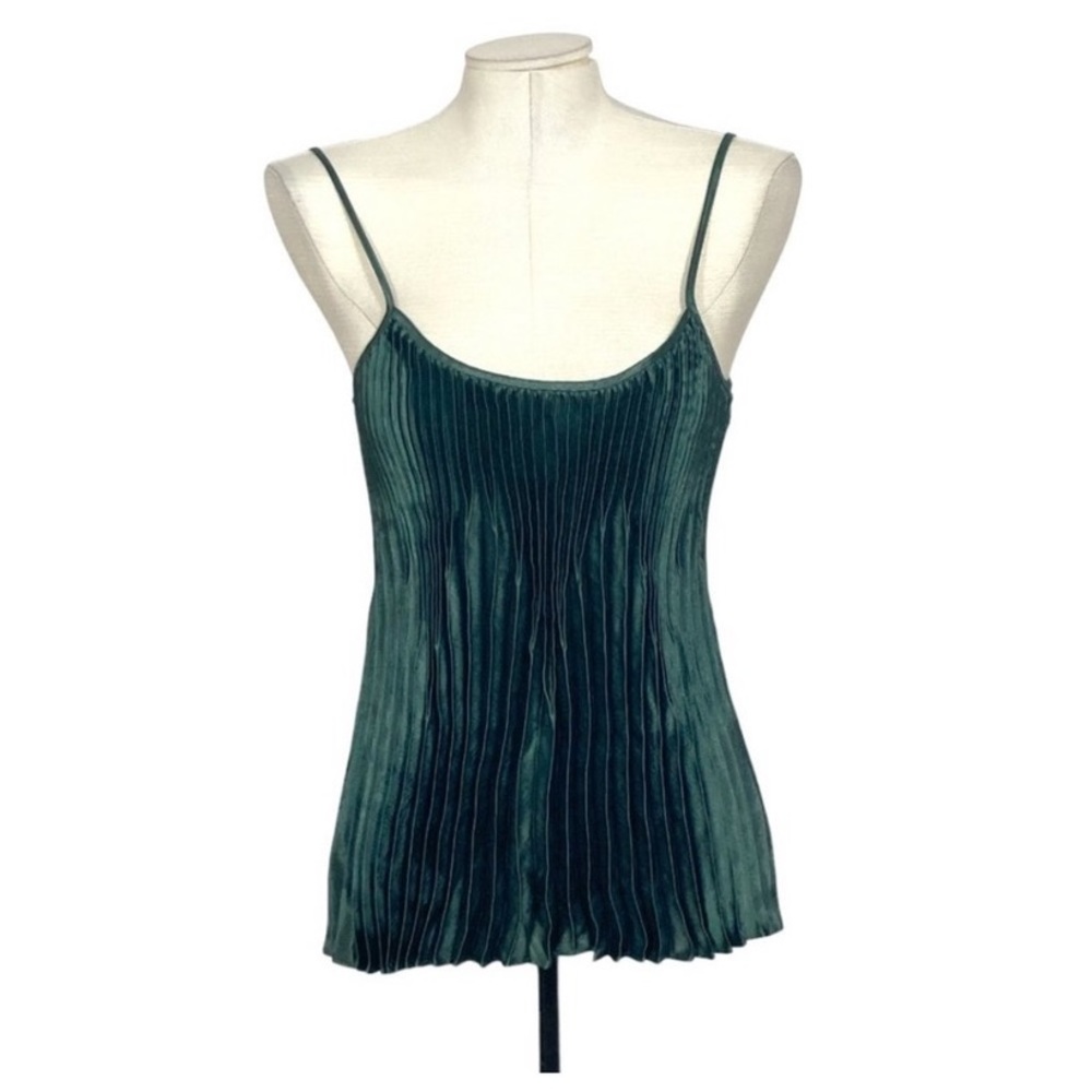 Vince Forest Green Chevron Pleated Satin Scoop Neck Sleeveless Tank Top Size M